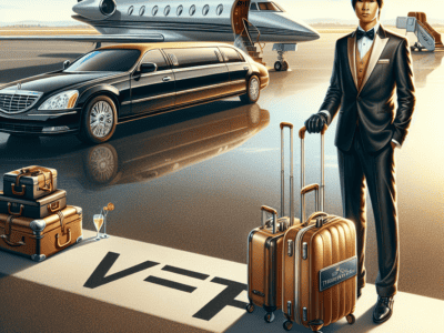 Luxury chauffeur with luggage by private jet and limousine