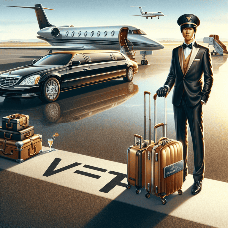 Luxury chauffeur with luggage by private jet and limousine