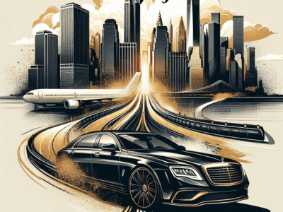 Luxury car racing toward city skyline with airplanes