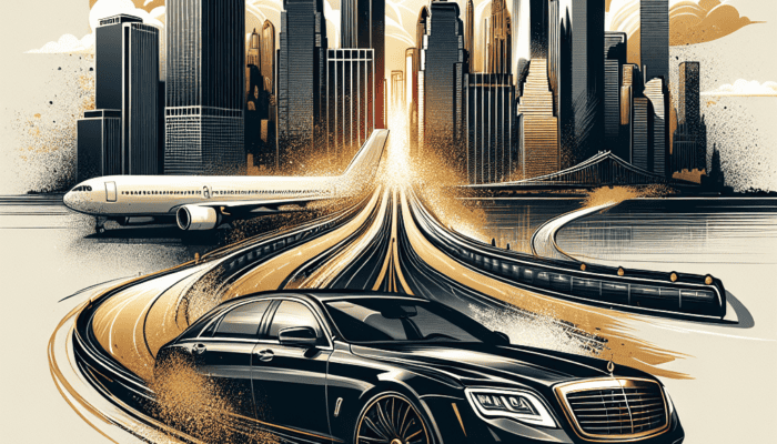Luxury car racing toward city skyline with airplanes