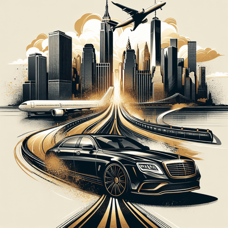 Luxury car racing toward city skyline with airplanes