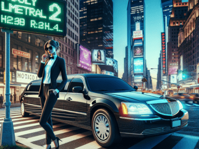 Businesswoman beside black limousine in neon city street
