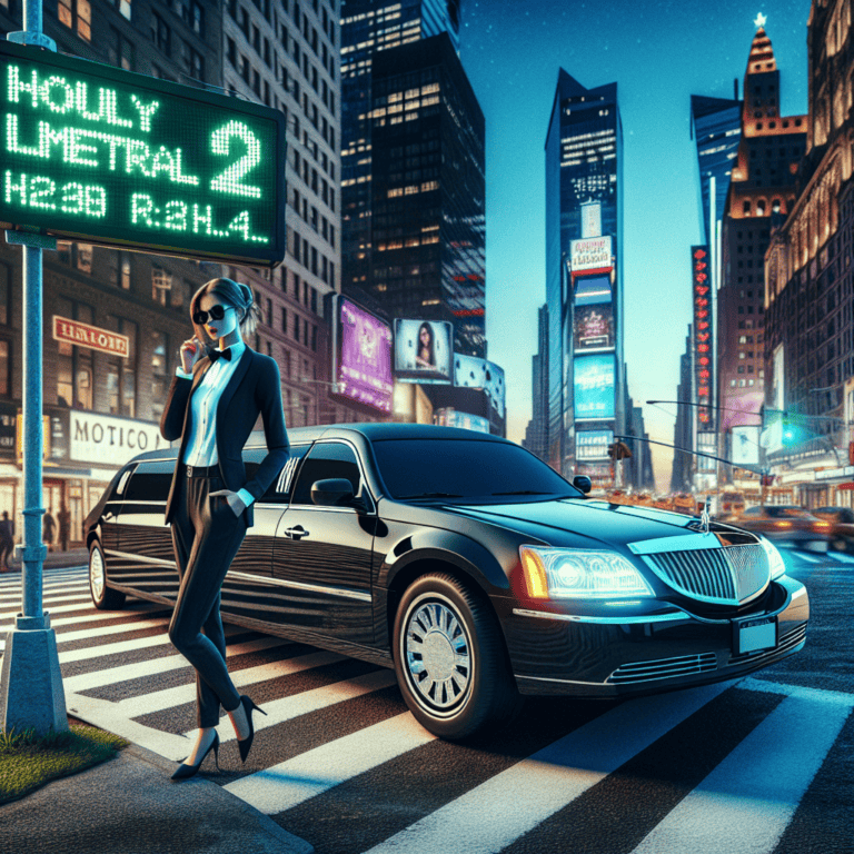 Businesswoman beside black limousine in neon city street
