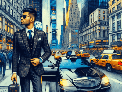 Stylish businessman with suitcase beside taxi in city
