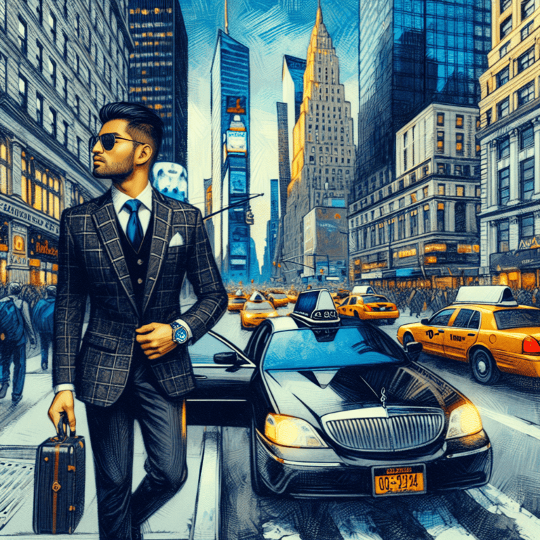 Stylish businessman with suitcase beside taxi in city