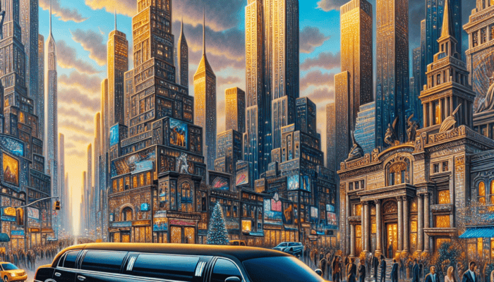 Black limousine in golden city skyline at sunset