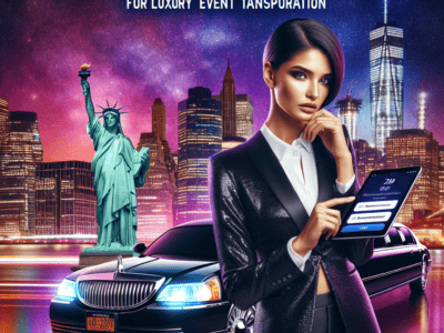 Luxury limo booking ad with NYC skyline