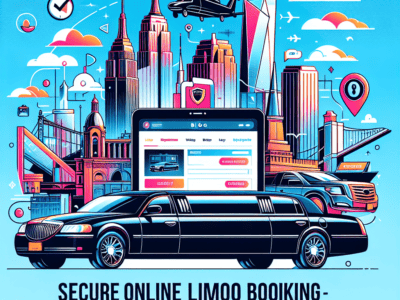 NYC skyline with limousine and online booking concept
