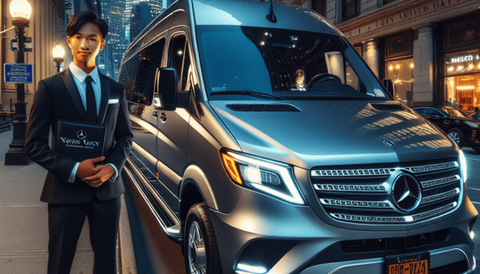 Chauffeur standing beside luxury van on city street