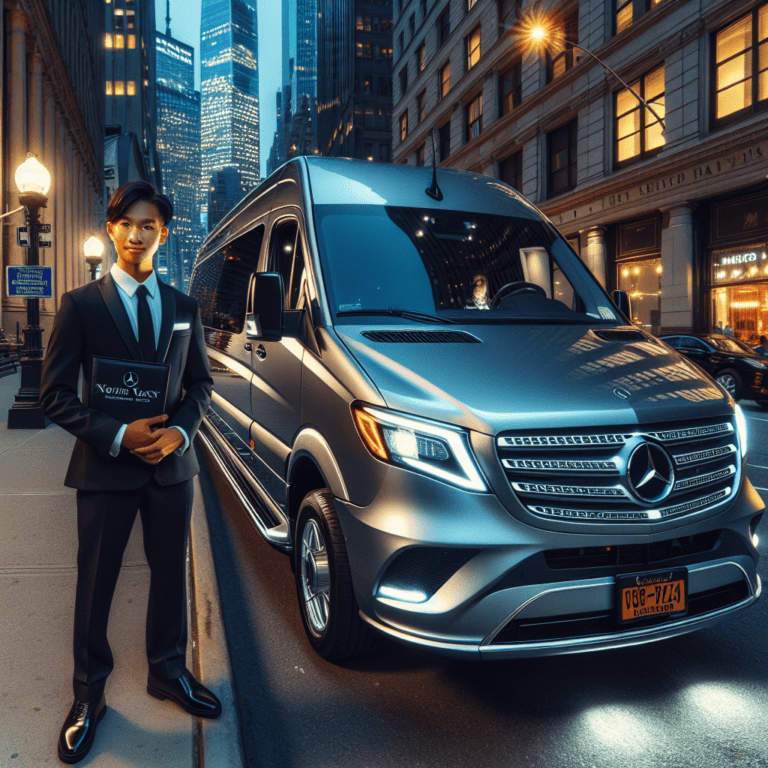 Chauffeur standing beside luxury van on city street