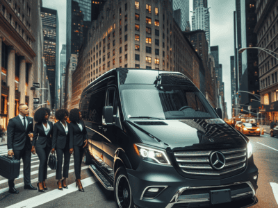 Black Mercedes van with business professionals in city