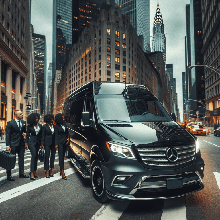 Black Mercedes van with business professionals in city