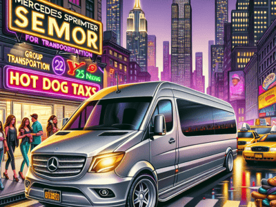 Mercedes Sprinter van in neon-lit city at night
