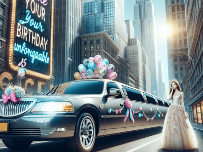Decorated limousine, teen in gown, birthday billboard