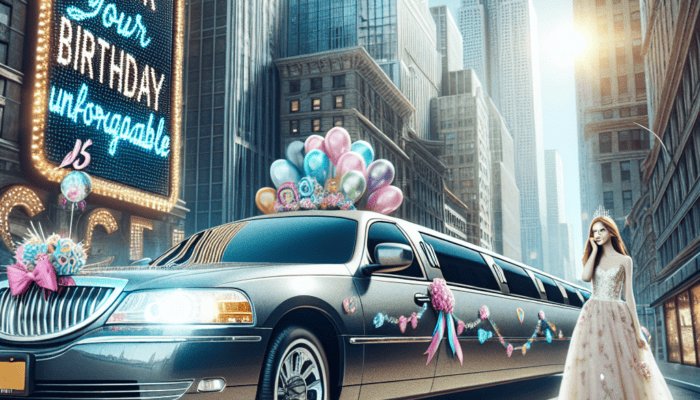 Decorated limousine, teen in gown, birthday billboard