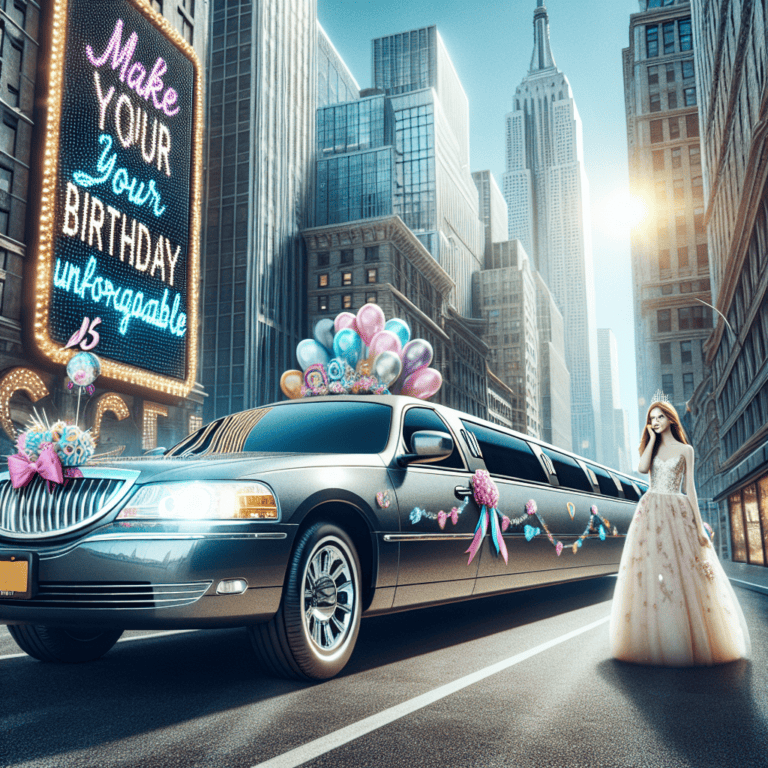 Decorated limousine, teen in gown, birthday billboard