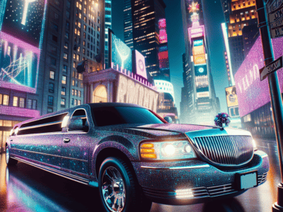 Glittering stretch limousine in neon-lit city at night