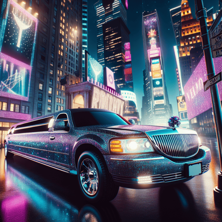 Glittering stretch limousine in neon-lit city at night