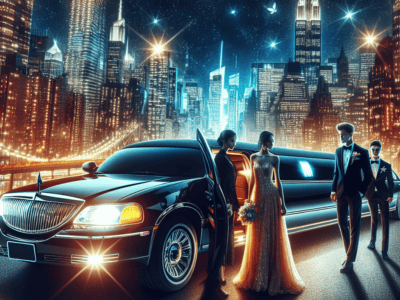 Glamorous couple exiting limousine in sparkling city night