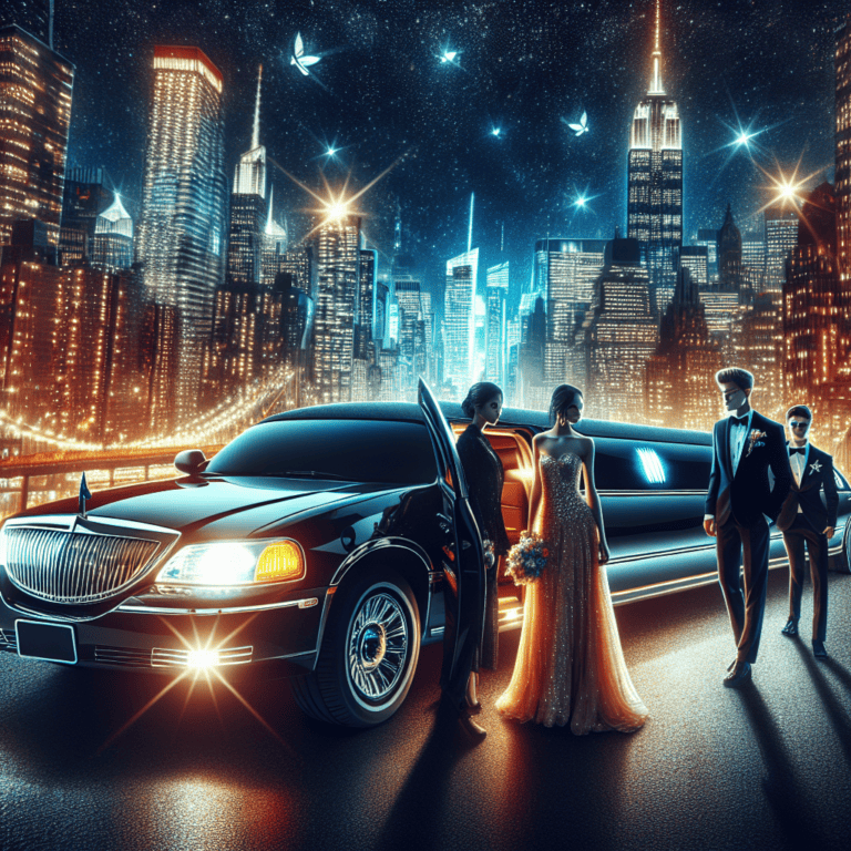 Glamorous couple exiting limousine in sparkling city night
