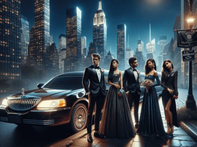 Elegant group by limousine in city at night