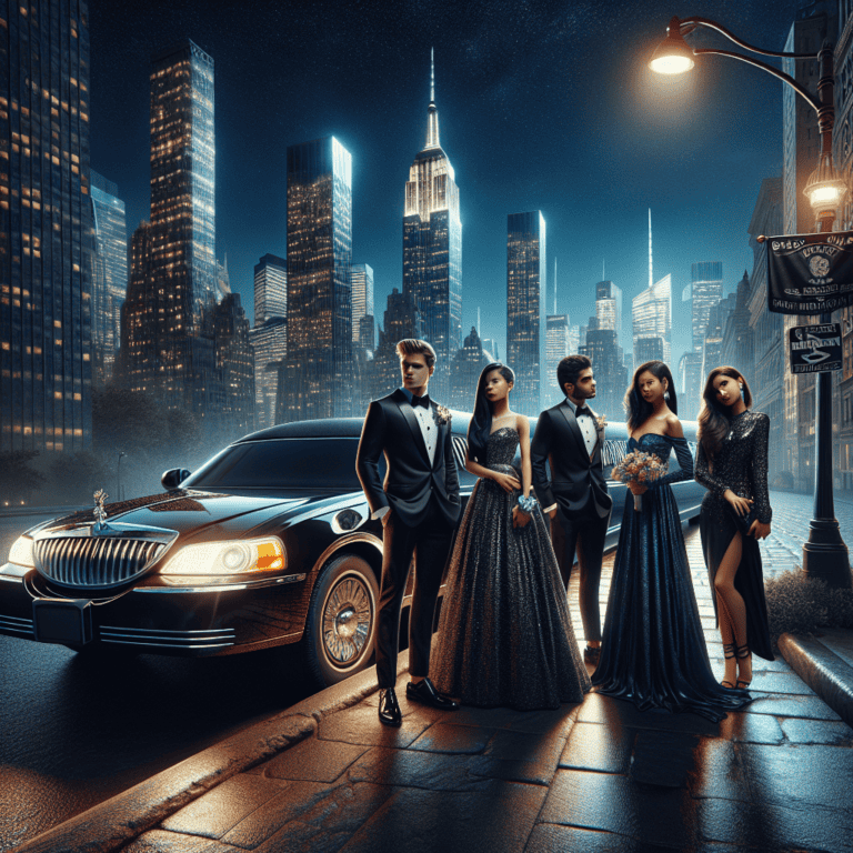 Elegant group by limousine in city at night