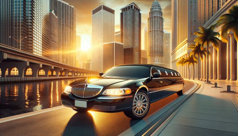 Black stretch limousine by city waterfront at sunset