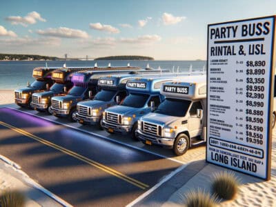 Party buses parked by beach with rental sign
