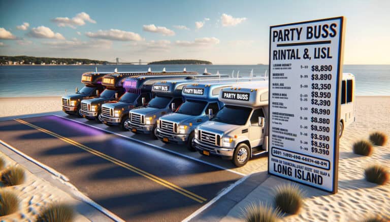 Party buses parked by beach with rental sign