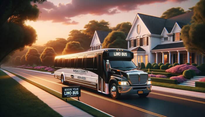 Limo bus parked in suburban neighborhood at sunset