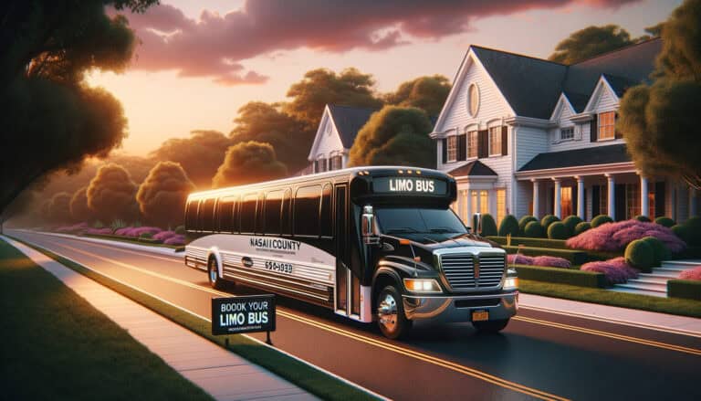 Limo bus parked in suburban neighborhood at sunset