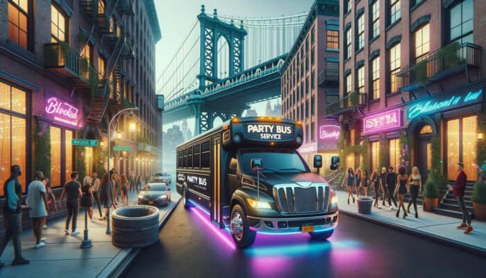 Neon-lit party bus under Manhattan Bridge at night