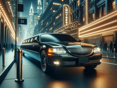 Luxury limousine parked on illuminated city street at night