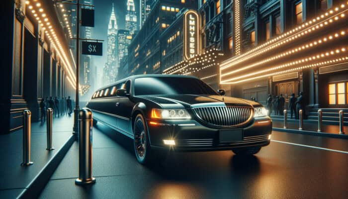 Luxury limousine parked on illuminated city street at night