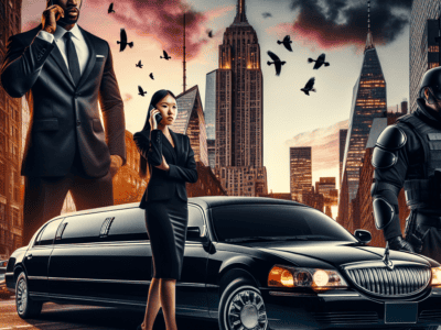 Business professionals with limousine and security in city skyline