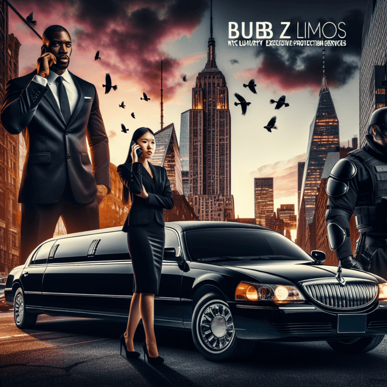 Business professionals with limousine and security in city skyline