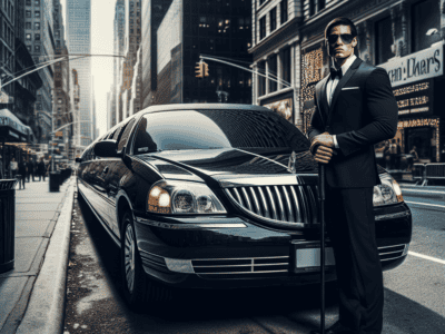 Chauffeur standing beside black limousine in city street