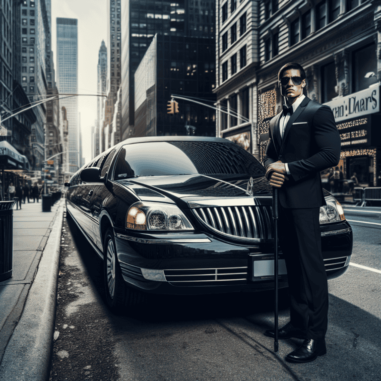 Chauffeur standing beside black limousine in city street