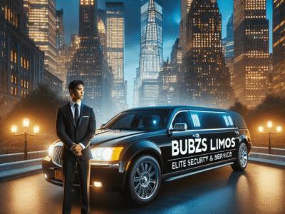 Chauffeur beside black limousine in city skyline