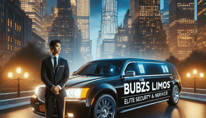 Chauffeur beside black limousine in city skyline