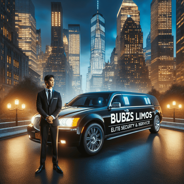 Chauffeur beside black limousine in city skyline