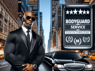 Muscular bodyguard with limousine in city street