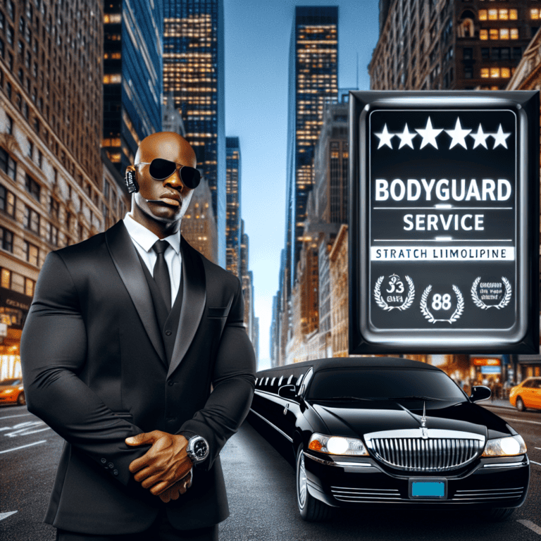 Muscular bodyguard with limousine in city street
