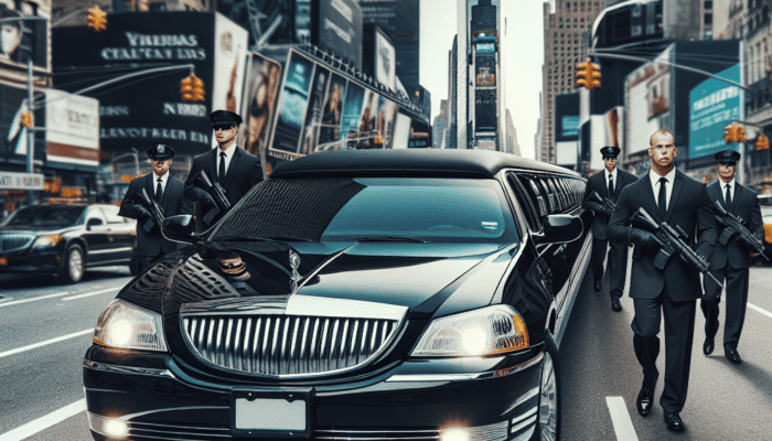 Black limousine escorted by armed security in city