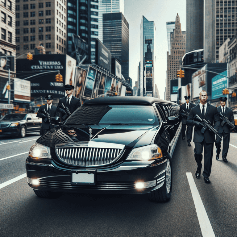 Black limousine escorted by armed security in city