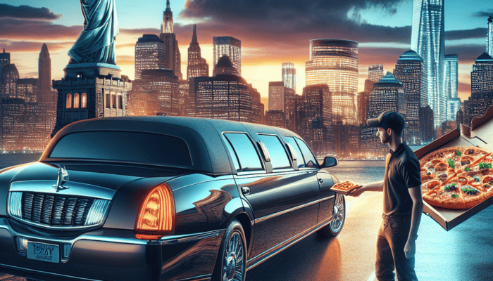 Pizza delivery limousine near Statue of Liberty skyline