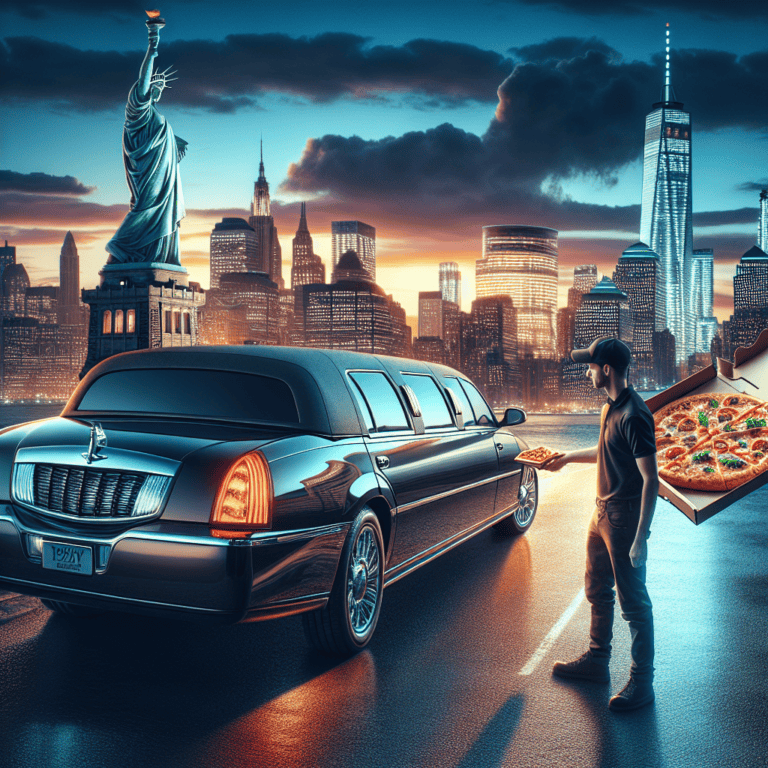 Pizza delivery limousine near Statue of Liberty skyline