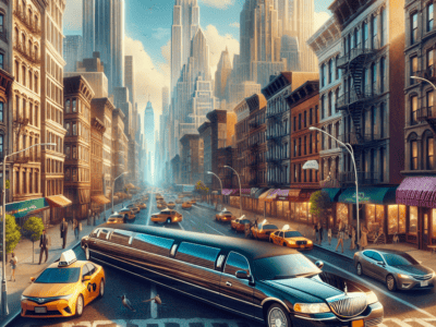 Limousine and yellow taxis on New York street