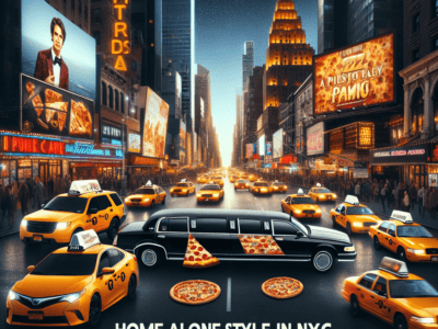 NYC Times Square with taxis and pizza-themed limo