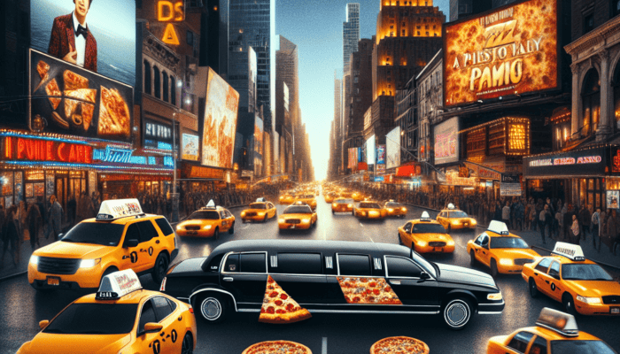 NYC Times Square with taxis and pizza-themed limo